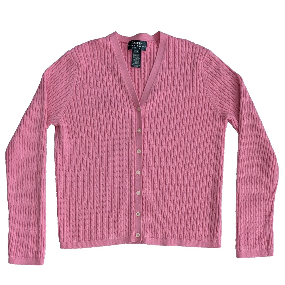 Y2K Ralph Lauren Cable Knit Cardigan Petite M Cotton Bubble Gum Preppy Old Money